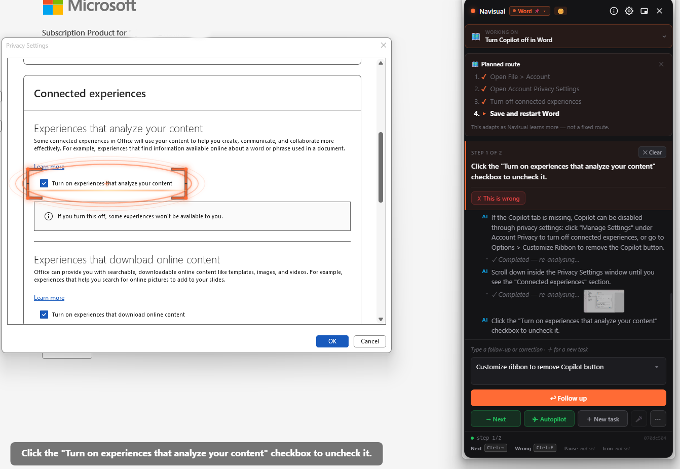 Word's Privacy Settings window showing the Connected experiences section. The checkbox 'Turn on experiences that analyze your content' is ticked and highlighted, with a note below reading 'If you turn this off, some experiences won't be available to you.' A separate checkbox for 'Turn on experiences that download online content' appears underneath. On the right, the Navisual panel lists the planned route for this task.